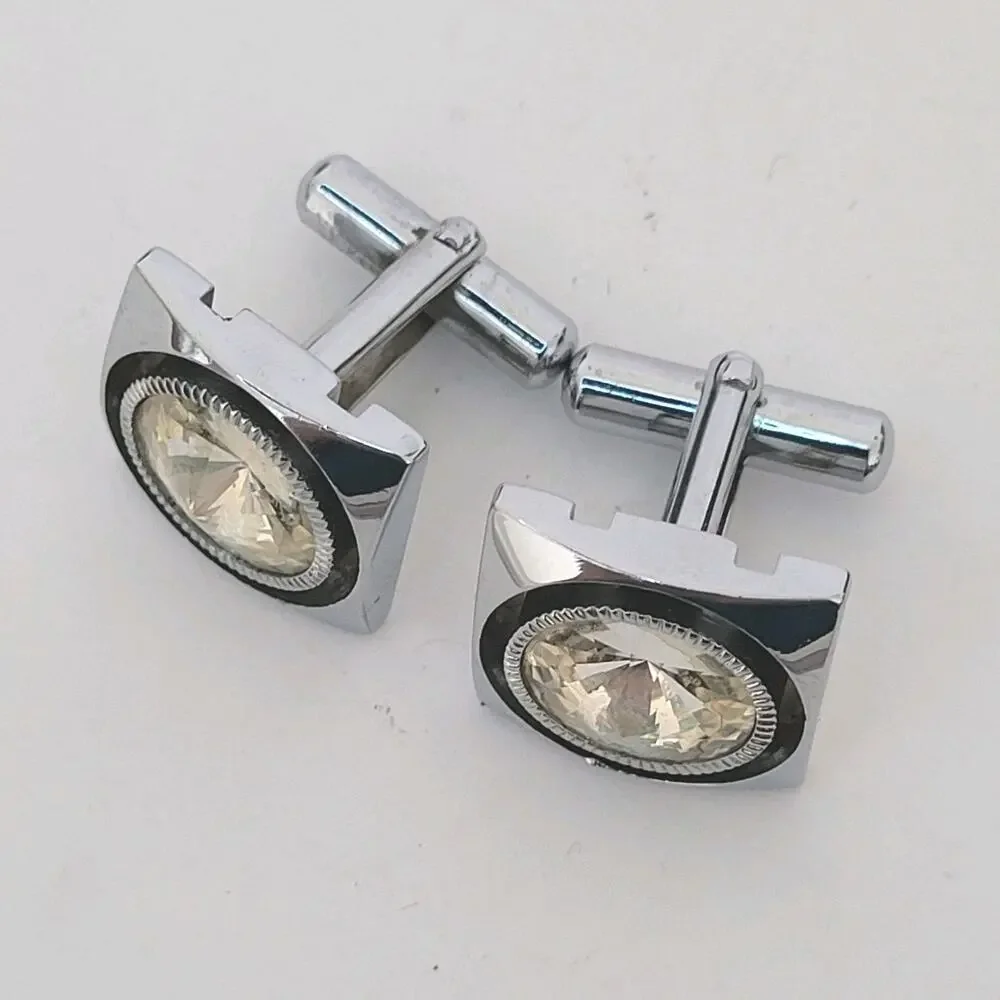 Contemporary‎ Square Topaz Crystal Cufflinks Silver Tone Retro Glam Bullet Back